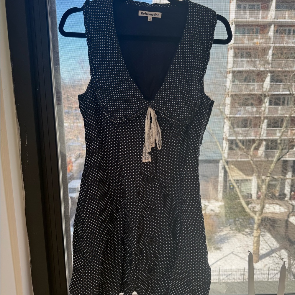 Reformation Navy and White Polka Dot Dress